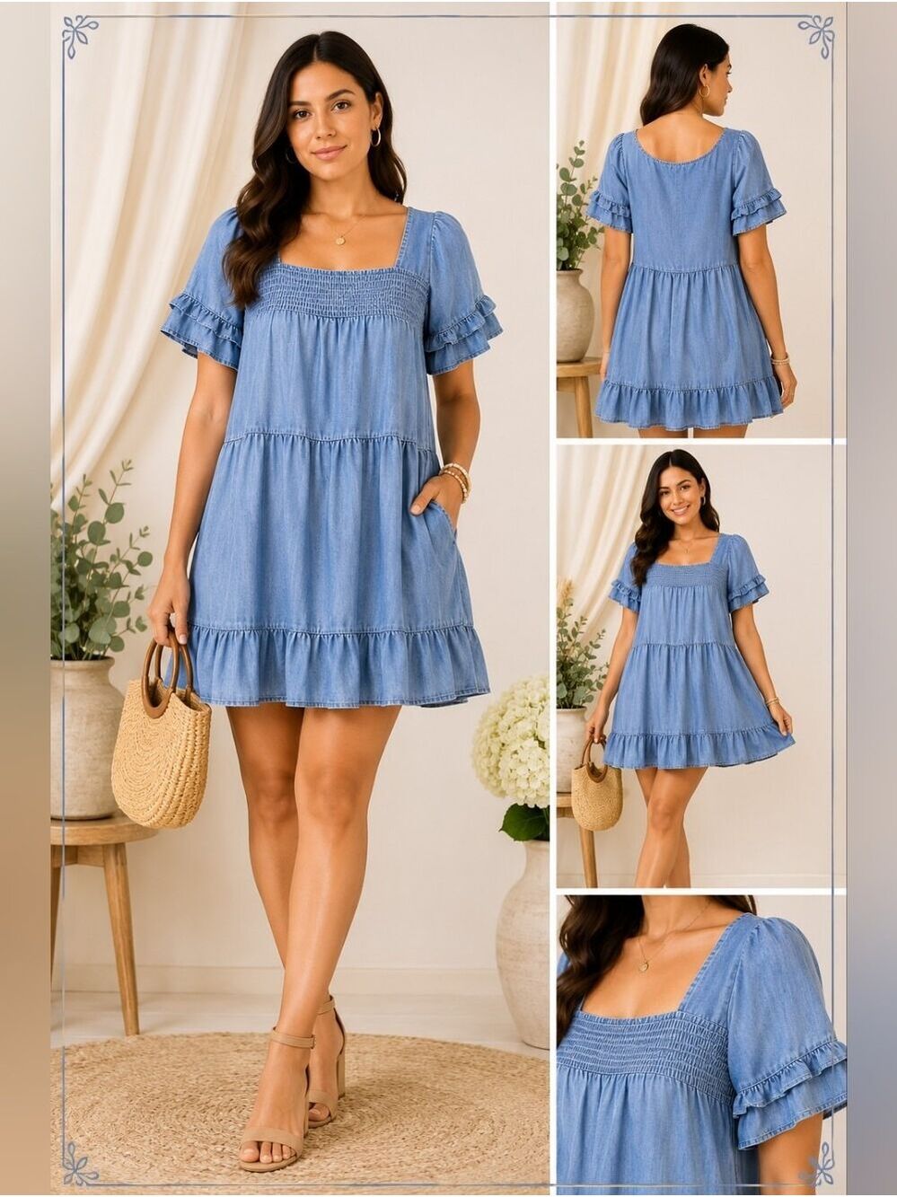 Poison Mushroom Vintage Blue Babydoll Dress | Smocked Denim Look | Cottagagecore